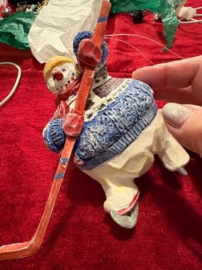 Hand-Painted Snowman Hockey Ornament Blue Sweater, Red Stick very old see pics